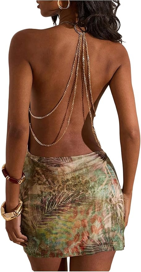 Floerns Women's Tropical Cowl Neck Halter Mini Dress Chain Backless Date Night Bodycon Dress | Amazon (US)