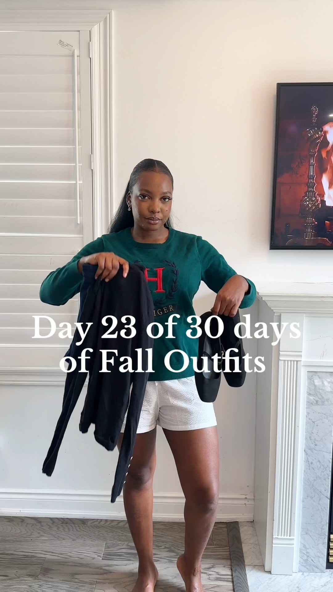 Black turtleneck, denim shorts and tights