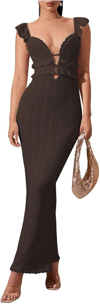SOLY HUX Women's Maxi Dress Crochet Ruffle Sleeveless Backless Bodycon Long Dresses | Amazon (US)
