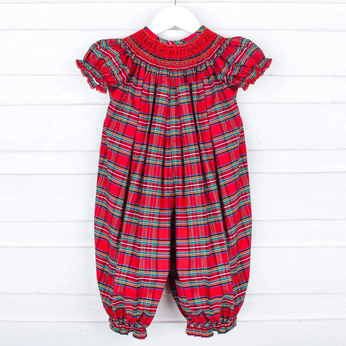 Manchester Plaid Red Smocked Long Bubble | Classic Whimsy