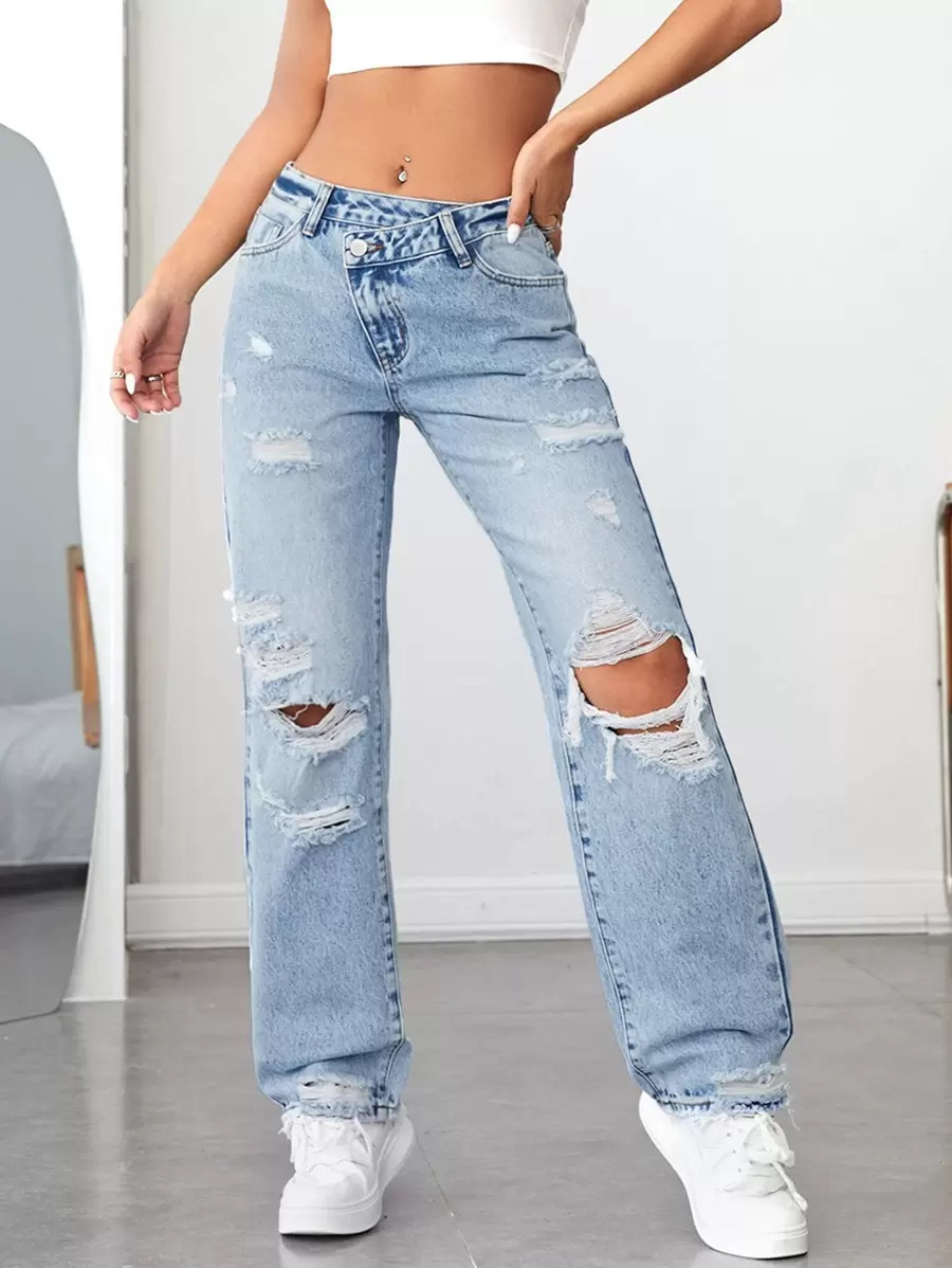 SHEIN PETITE Ripped Cut Out Straight Leg Jeans | SHEIN