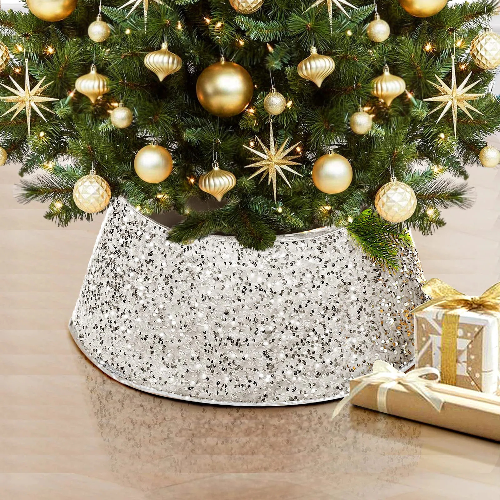 PRIMEX CABINETRY, INC. Silver Glitter Christmas Tree Collar Sequin Xmas Tree Ring, Top 24'' Botto... | Wayfair North America