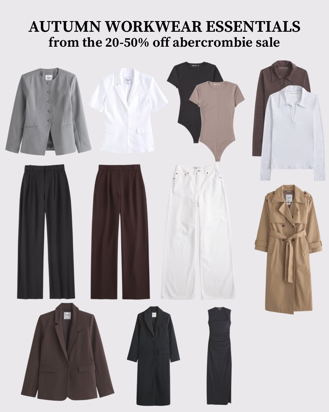 The 20-50% off Abercrombie sale is a great time to build your capsule autumn workwear wardrobe! These pieces are versatile and can be worn throughout seasons. They are chic and timeless workwear options perfect for the smart casual or business casual office - whether you are looking to put together corporate outfits, teacher outfits, or even elevated outfits to wear to school, these will make you look polished! Classic blazers, structured and comfortable trousers, a trench coat, and a work appropriate dress - these are staples that will last you throughout the years. I am 5’8” and wear a size S for tops and a size 27 for bottoms! 

#LTKWorkwear #LTKFindsUnder50 #LTKSeasonal