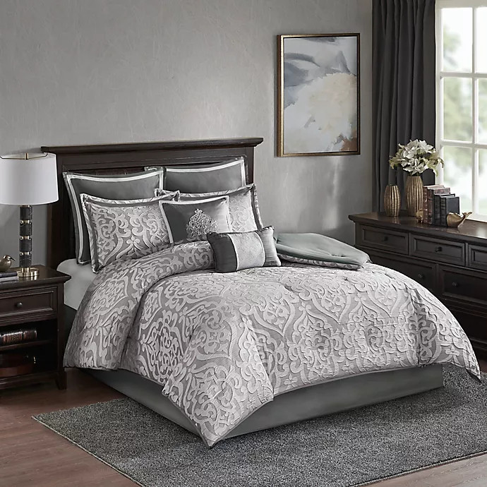 Madison Park Odette Jacquard 8-Piece Reversible King Comforter Set in Silver | Bed Bath & Beyond