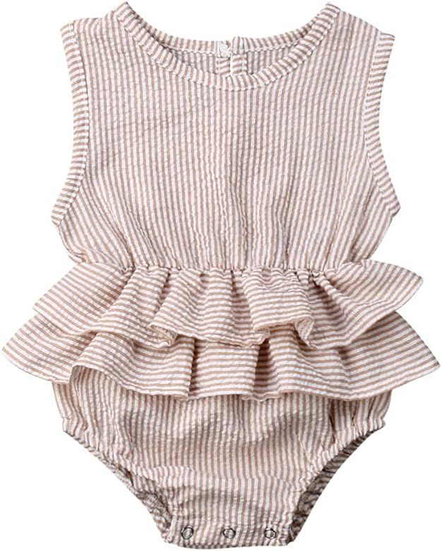 Newborn Baby Girl Romper Cotton Linen Bodysuits Ruffle Sleeve Summer Jumpsuit Outfits Clothes | Amazon (US)
