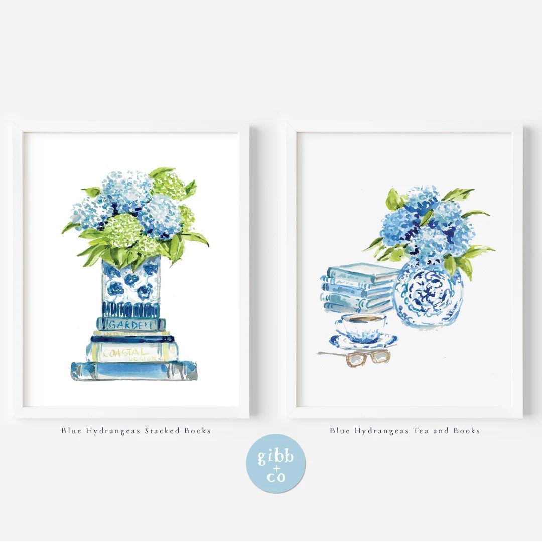 Blue Hydrangeas Art Print Stacked Books Tea Book Lover Art - Etsy | Etsy (US)