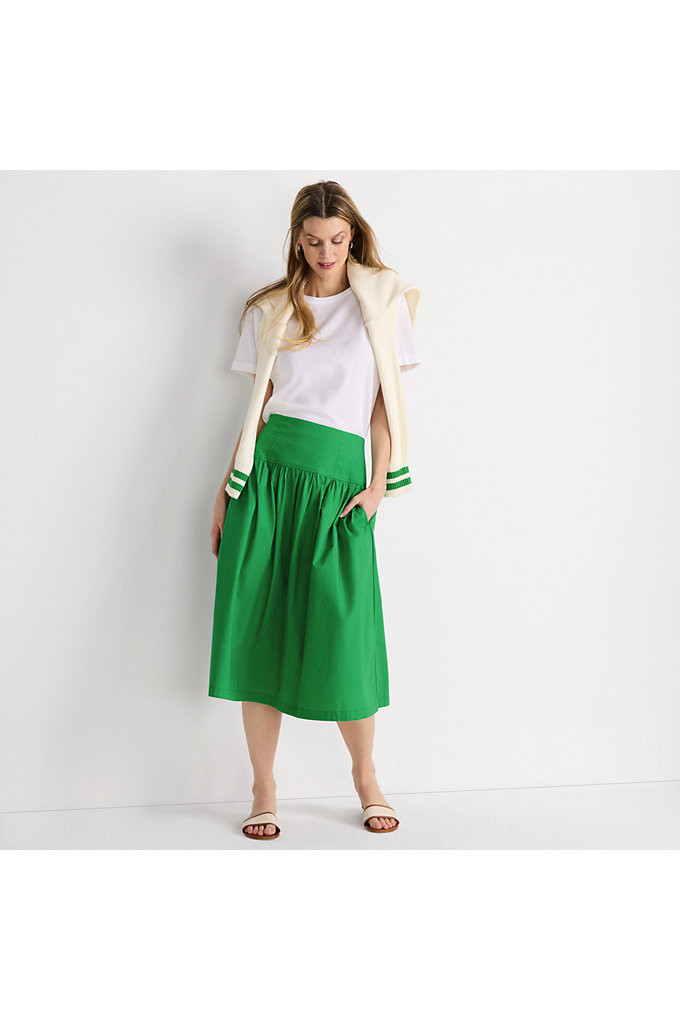 Women's Petite Poplin Drop Waist Midi Skirt - Set Bottom - Lands' End - Green - 12 | Lands' End (US)