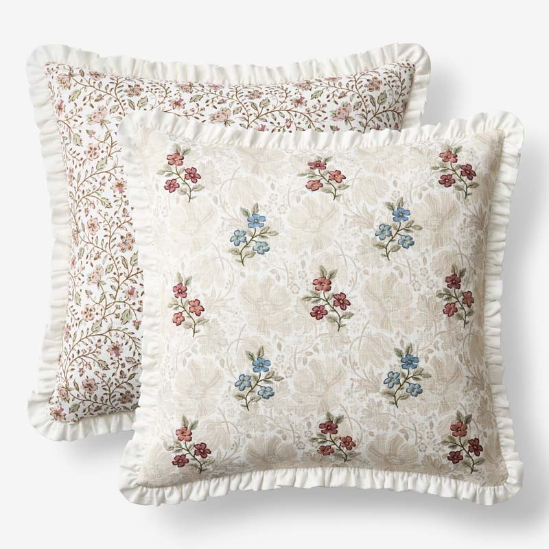 Floral Reversible Decorative Square Pillow Cover - Ivory Multi, 20 in. x 20 in. - Yellow, Size 20 x 20, Cotton | The Company Store | The Company Store