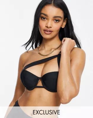 Wolf & Whistle Exclusive Fuller Bust underwire one shoulder bikini top in black | ASOS (Global)