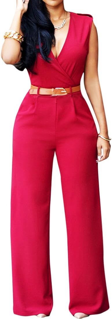 Pink Queen Womens Button Up Printed Long Wide Leg Pant Party Jumpsuits with Belt | Amazon (US)