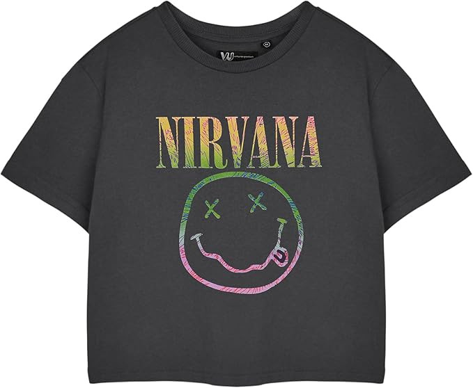 Nirvana Womens Grey Cropped Short Sleeved T-Shirt | Rainbow Logo Graphic Crop Top | Grunge Band V... | Amazon (UK)