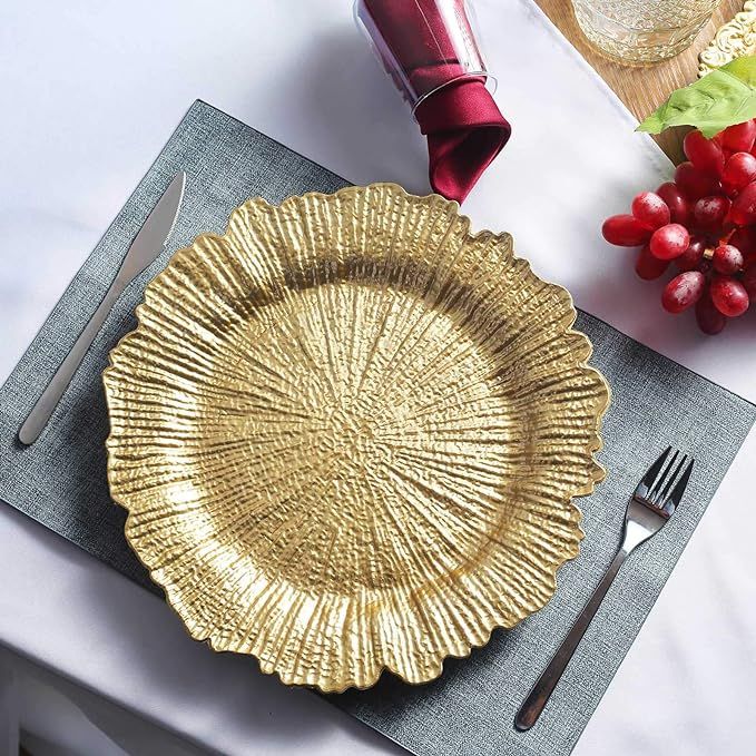Efavormart 6 Pack 13" Round Gold Plastic Reef Charger Plates Ruffled Rim Dinner Charger Plates Fo... | Amazon (US)