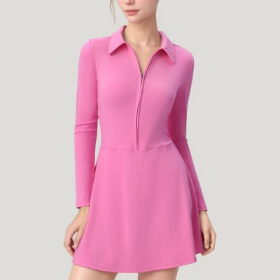 Anna-Kaci Active Women's Active Dress with Zip Front Closure and Pointed Collar - Medium, Pink | Target