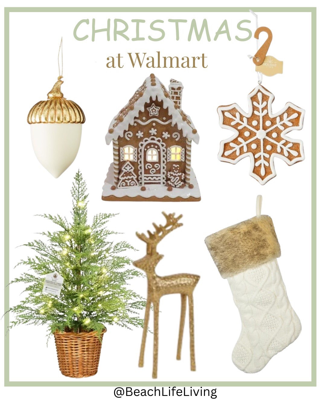 A few of my favorite pieces linked here! 
Cable Knit Christmas Stocking 
Gold and White Acorn Christmas Ornament 
24” Pre-Lit Green Cypress Artificial Christmas Tree
Snowflake White Ornament 
Ginger Bread Houses 

#LTKHoliday #LTKSeasonal #LTKHome