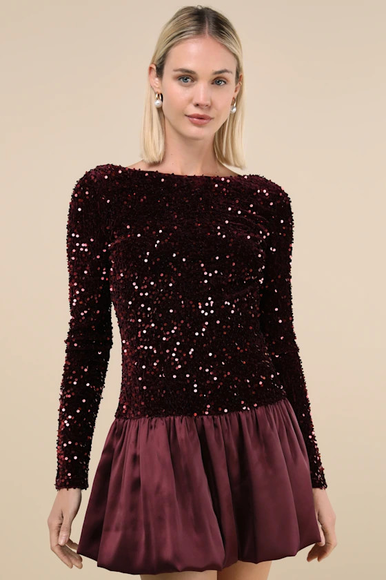 Event Aura Burgundy Sequin Long Sleeve Mini Dress | Lulus