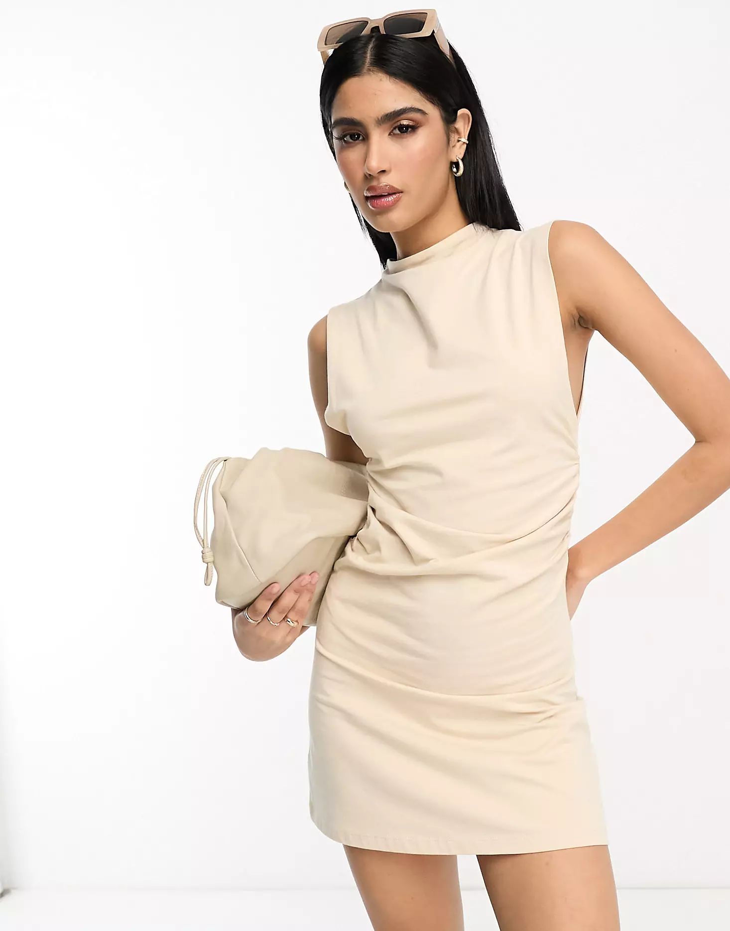 ASOS DESIGN grown on neck mini dress with ruched sides in stone | ASOS | ASOS (Global)