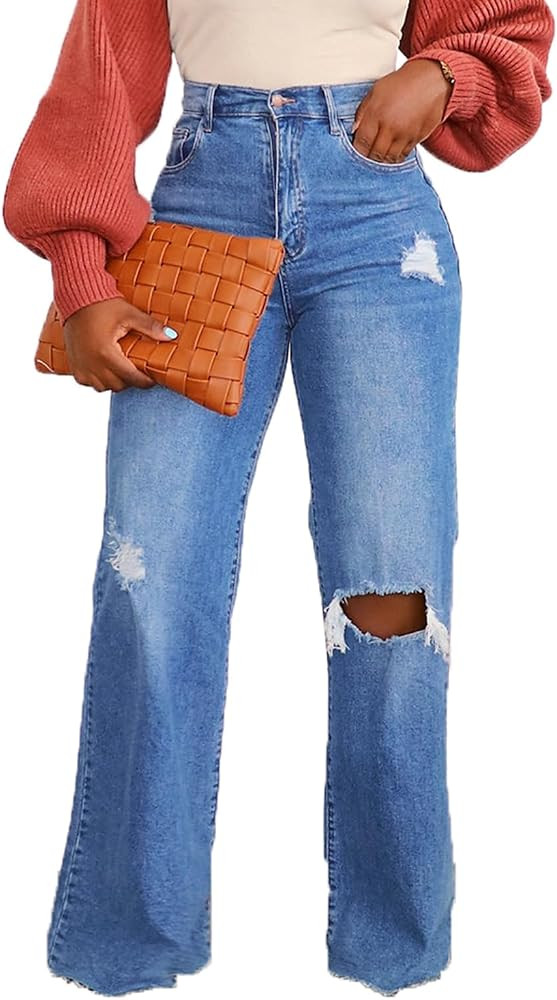 cffvdiz Women's Baggy Ripped Straight Jeans Washed Distressed Raw Hem Wide Leg Denim Pants | Amazon (US)