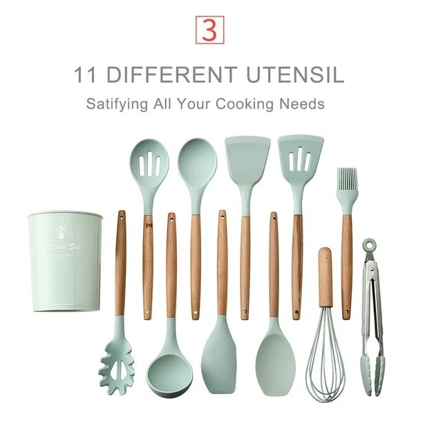 Kitchen Utensils Set 11Pcs Silicone Non-stick Barreled Cooking Utensils Set Silica Gel Utensil Wo... | Walmart (US)