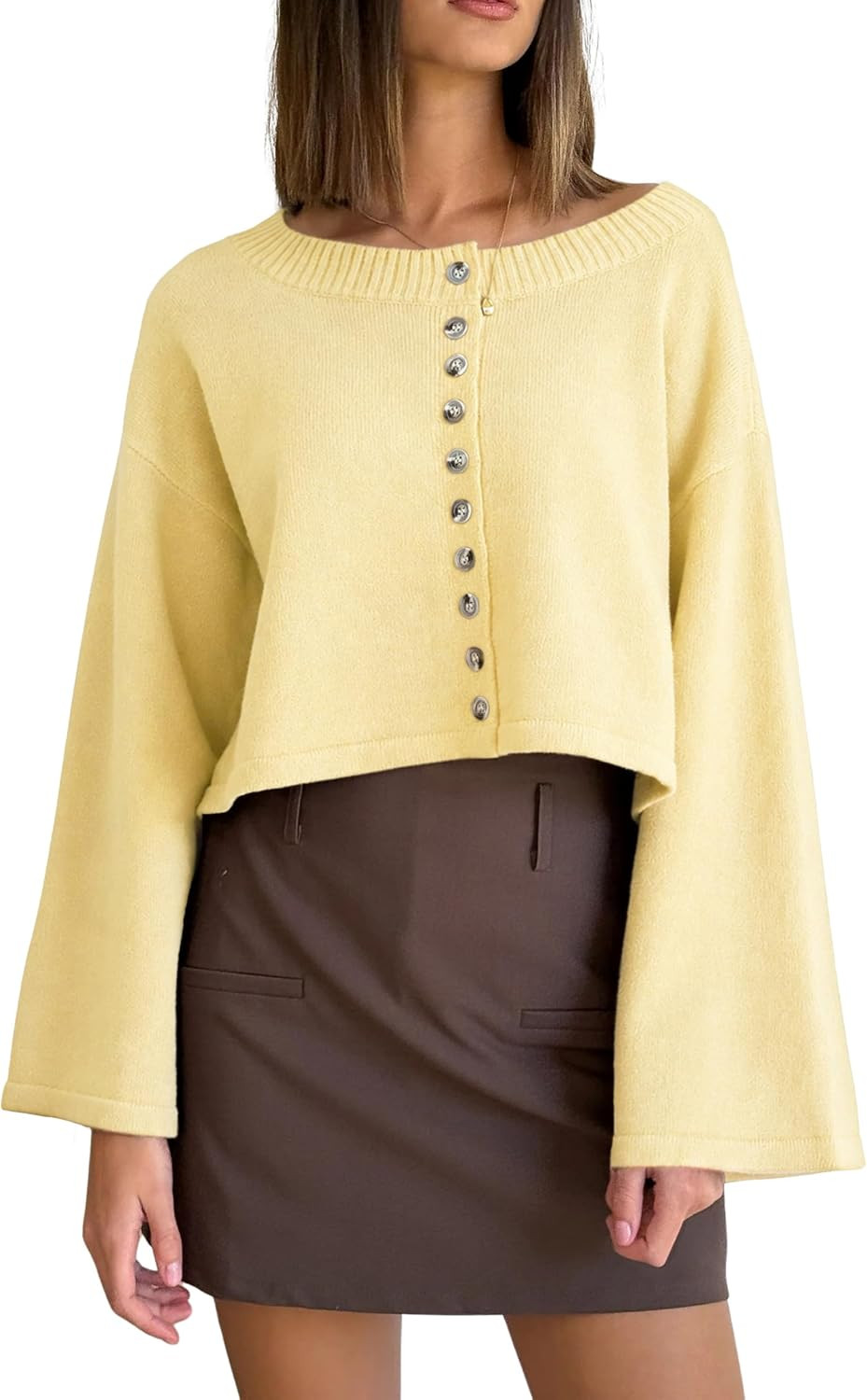 Women's Cropped Cardigan Sweaters Crew Neck Button Down Knit Tops | Amazon (US)