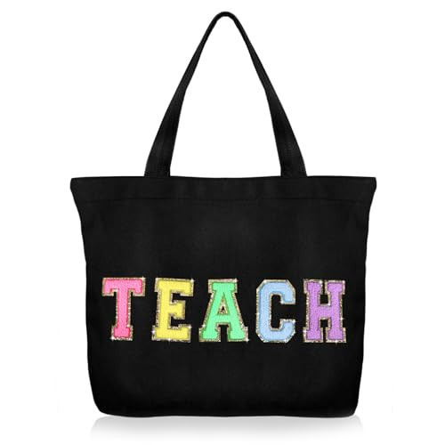 Dripykiaa Teacher Appreciation Gifts Teacher Gifts Tote Bag Canvas Chenille Letter Patches Teacher Work Bag Tote Bag with Zipper Pocket Graduation Retirement Birthday | Amazon (US)