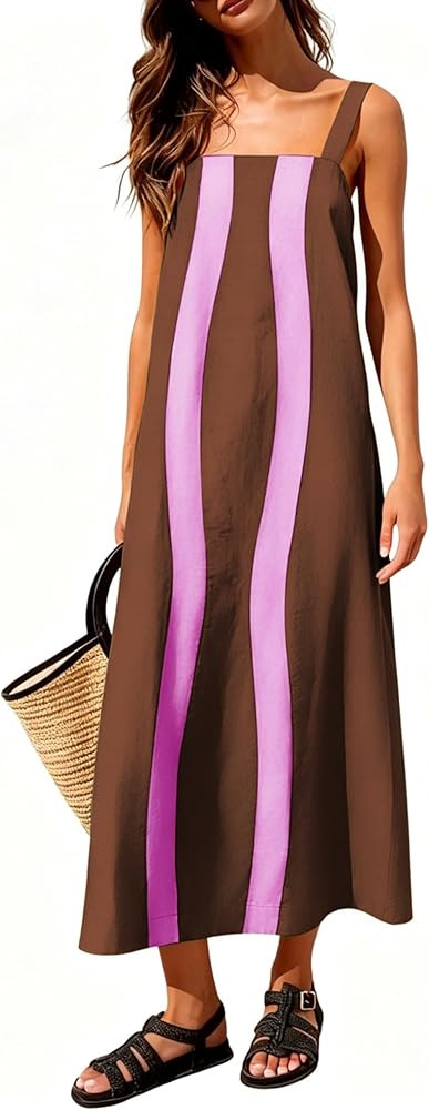 Yidarer Women's Summer Boho Midi Dress Color Block Adjustable Straps Beach Vacation Overall Dress... | Amazon (US)