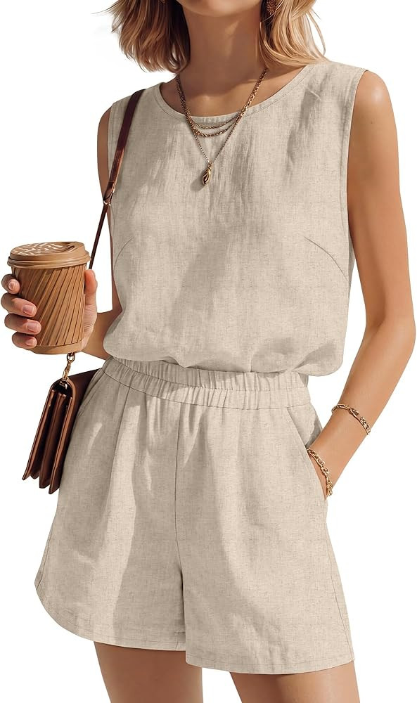 Ficerd Womens 2 Piece Summer Outfits Linen Short Sets Round Neck Sleeveless Tank Top Elastic High... | Amazon (US)
