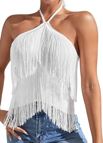 FEOYA Women’s Tassel Tops Halter Neck Crop Top Y2K Asymmetrical Hem Summer Sleeveless Tank Top Vest White M | Amazon (US)