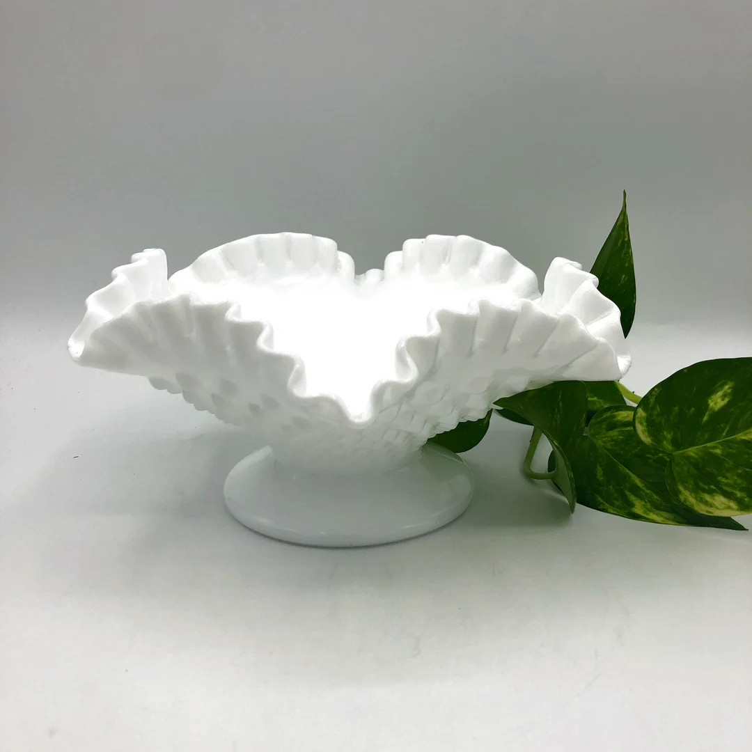Vintage White Milk Glass Hobnail Ruffled Crimped Edge Pedestal Bowl Candy Dish 8" Compote Nut Dis... | Etsy (US)