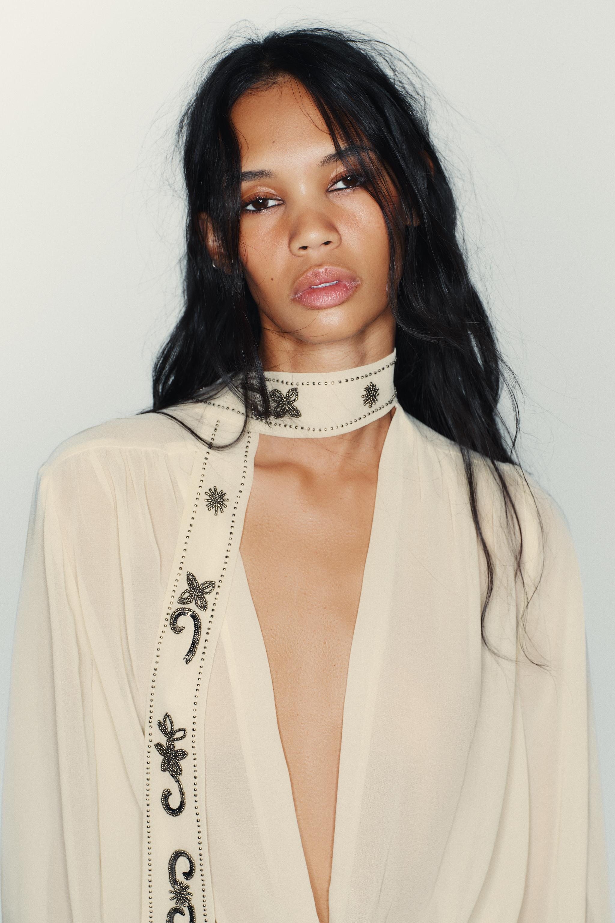 BEADED GEORGETTE SCARF SHIRT | Zara US