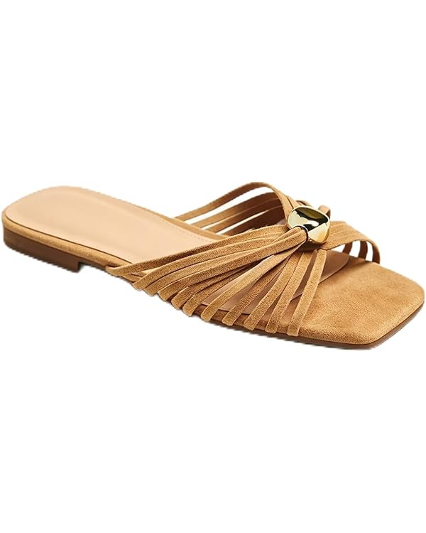 Womens Flip Flop Sandals Square Open Toe Strappy Slide Sandals Comfortable Dressy Slip on Flats f... | Amazon (US)