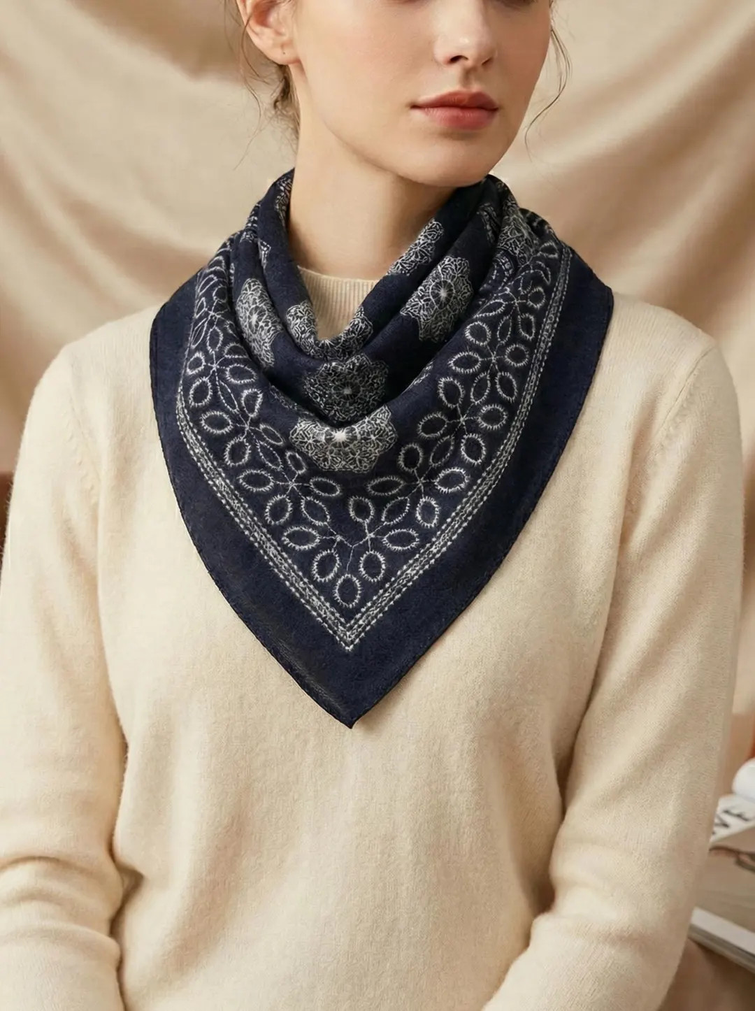 100% Wool Scarf: Sashiko-Style Floral Bandana Print, Chic Dark Indigo & White Floral Medallion Un... | Etsy (US)