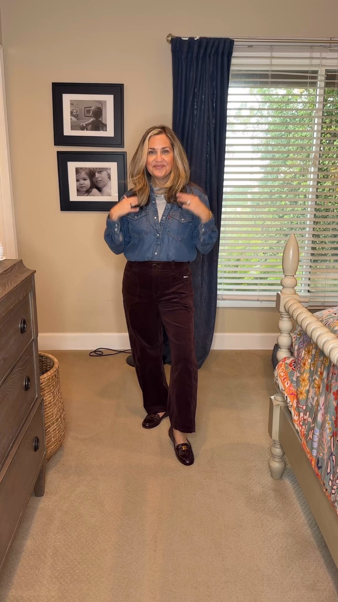Here’s a cute little outfit idea for fall that I am absolutely loving. I took these pants with me at Oregon and they were really wonderful.  Stretchy comfortable and so cute.  I really like them stud with a denim shirt. It was too cold to wear these cute lovers, but they are, darling and a really great price as well.  