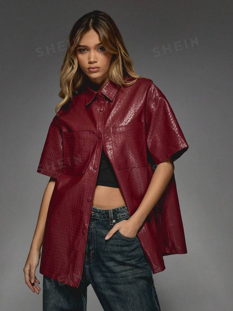 MISSGUIDED Oversized Woven Effect Faux Leather Shirt | SHEIN USA | SHEIN
