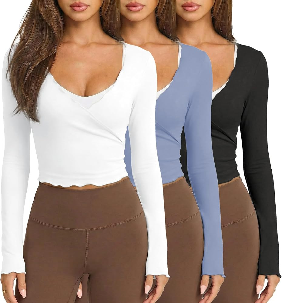 Womens Ballet Wrap Tops Cropped Long Sleeve Self Tie Front Shirt Y2K Workout Yoga Pilates Dance C... | Amazon (US)