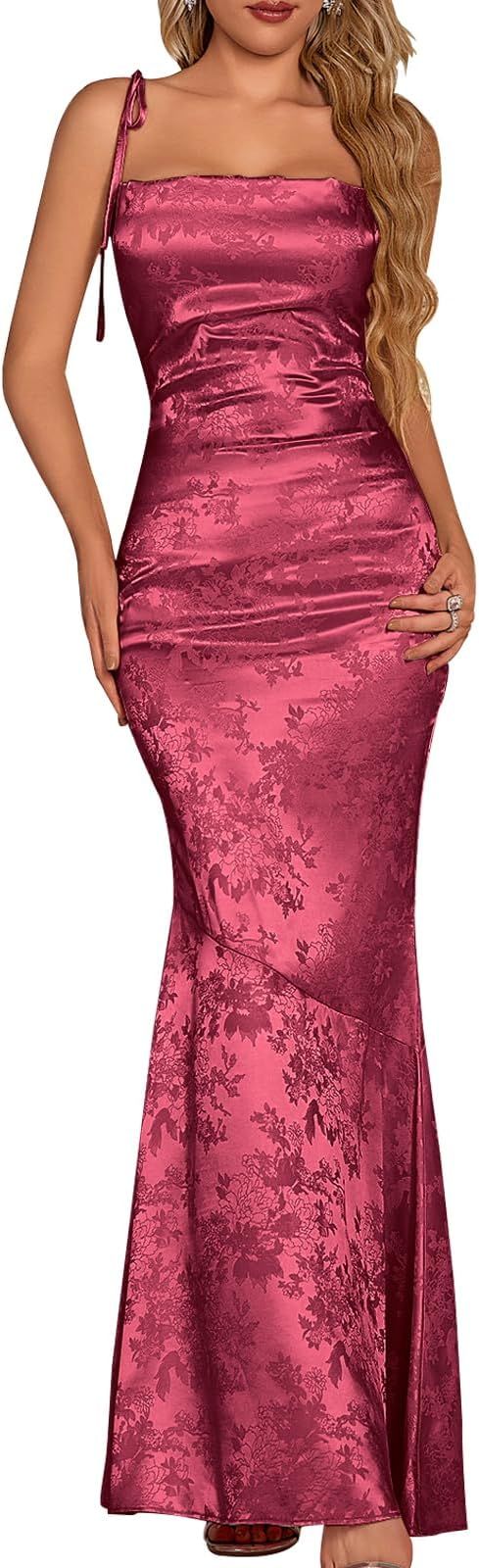 GLNEGE Women's Satin Bodycon Maxi Dress Elegant Formal Spaghetti Strap Cowl Neck Evening Party Dr... | Amazon (US)