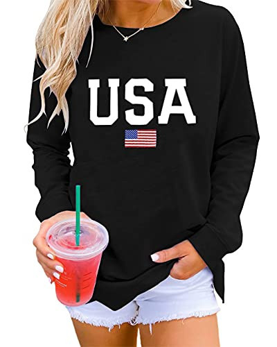 Dressmine Women's Patriotic Shirts USA Pattern Sweatshirt Knit Loose 4Th of July American Flag Sweater Shirt Black Small | Amazon (US)
