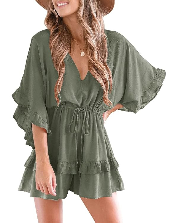 Valphsio Womens V Neck Beach Romper Ruffle Layered Drawstring Waisted Shorts Jumpsuit       Send ... | Amazon (US)
