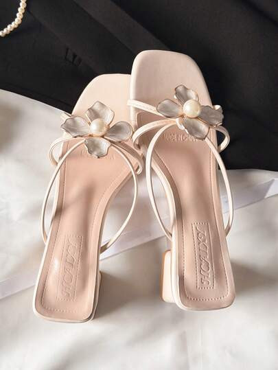 2025 French Pearl Flower Strap Slide Sandals For Women, Open Toe Versatile Mid-Heel Slippers, Sum... | SHEIN