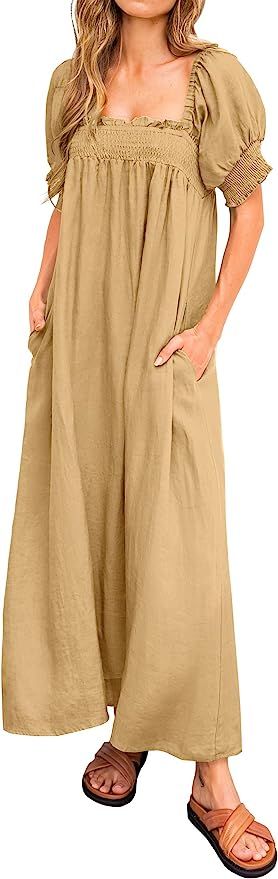 KIRUNDO 2023 Women's Summer Puff Sleeve Square Neck Loose Maxi Dress Pocketed Babydoll Maternity ... | Amazon (US)