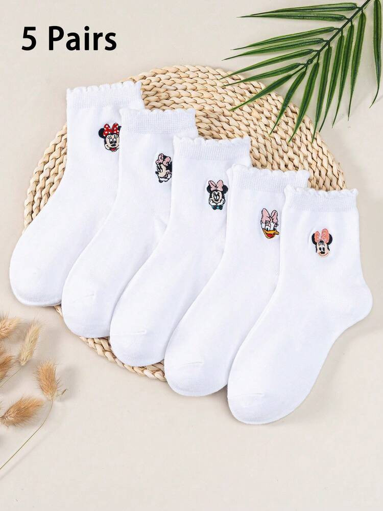 1/5 Pairs Mickey Mouse Minnie Mouse Daisy Donald Duck Embroidered Cartoon Pattern Women's Mid-Calf Socks Set, White Socks, Unisex Couple Socks, Women's Socks, White Women's Socks, Loose Socks, Unisex Stockings | SHEIN