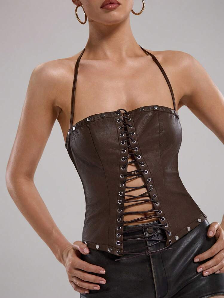 SHEIN BAE Women's Summer Backless Halter Leather Top, Brown Sexy Criss-Cross Strap Solid Color Clubbing, Festival, Concert, Hippy, Retro,Rave Top, Halloween Clothes,Halloween Costume | SHEIN
