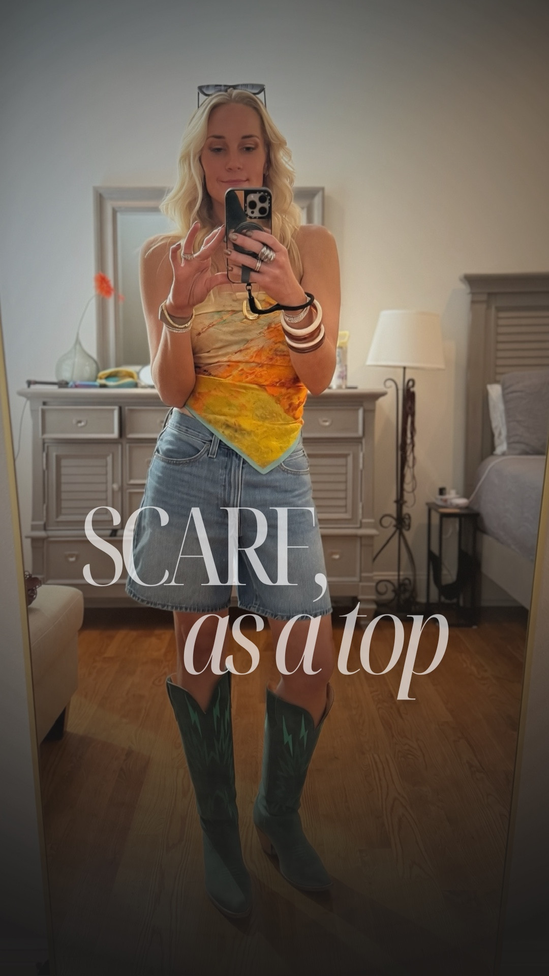 Silk scarf styled as a top with Levi’s long denim shorts and green statement boots. A more intentional take on festival dressing. @Levi's 
•••
#countryconcertoutfit #datenight #LTKSummer #LTKStyle #scarfstyle #springoutfit #denimshorts #westerninspo #festivaloutfit #cowboyboots #lornamurray

#LTKFestival 

#LTKootd #LTKTravel #LTKSeasonal