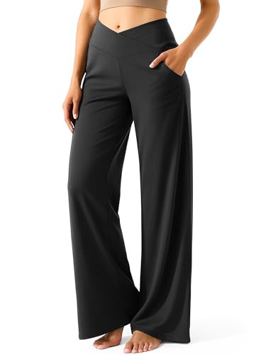 Yogaration Wide Leg Yoga Pants for Women, Crossover High Waisted Lounge Pants with Pockets, Loose Straight Leg Casual Pants for Yoga, Dance, Work, Travel 29''(Black, Small) | Amazon (US)