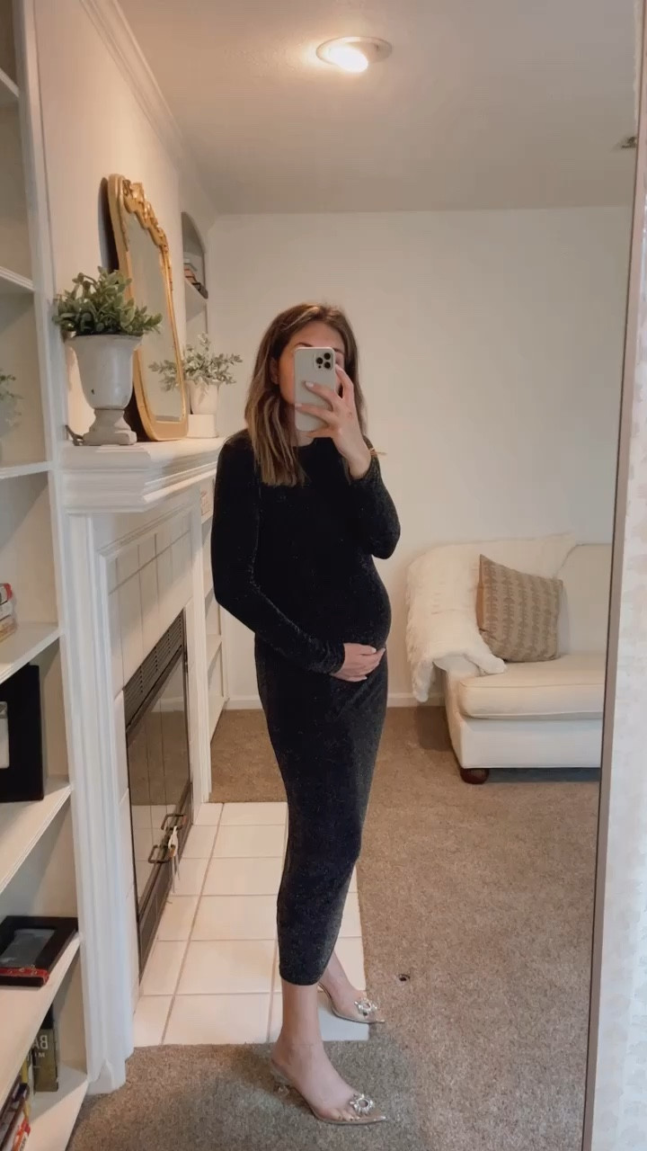 Sparkly dress runs TTS  Maternity holiday style. Bump style. Sparkly dress. Holiday dress. Black dress. Rhinestone heels. 

#LTKfindsunder50 #LTKbump #LTKHoliday