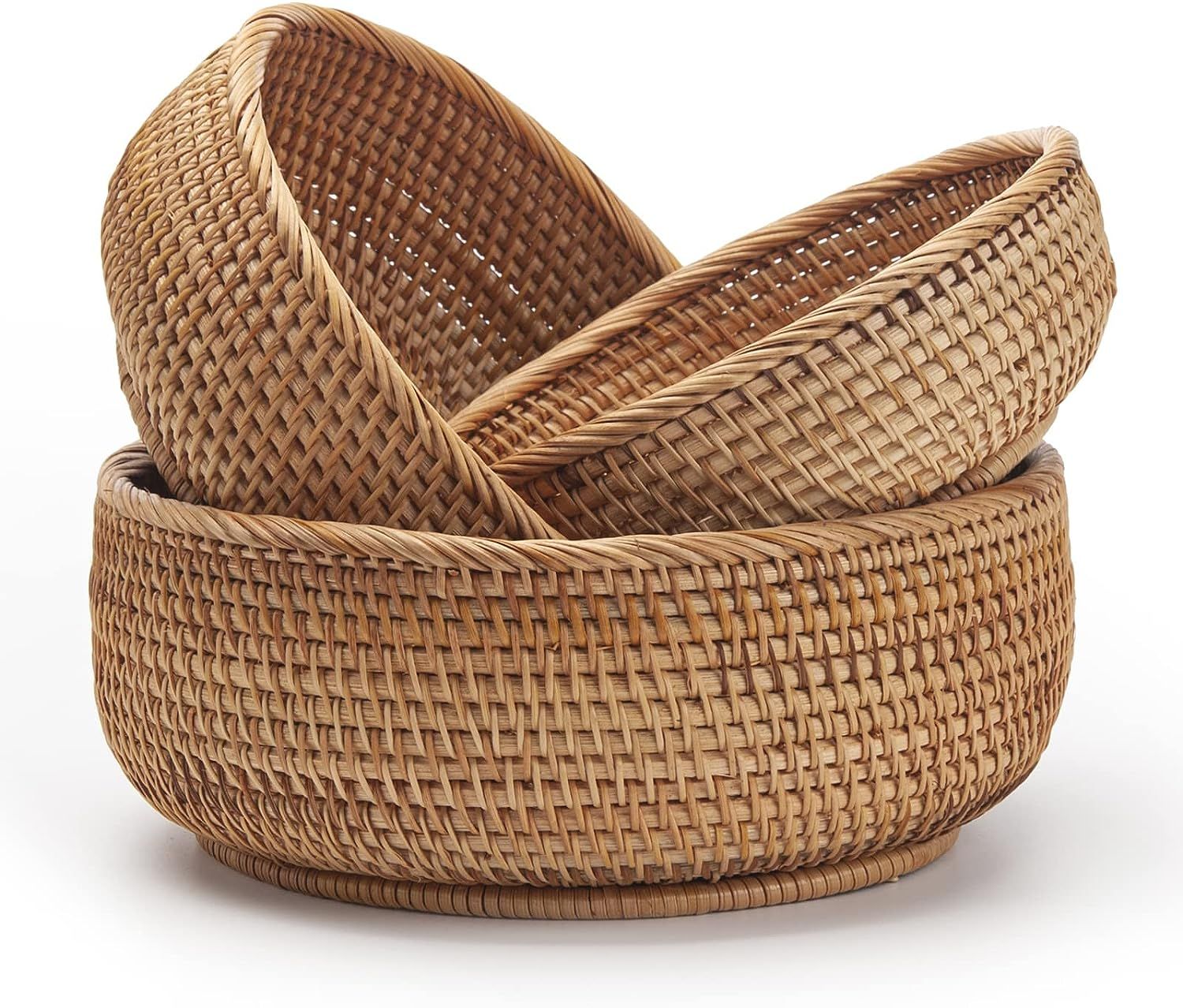 Round Rattan Fruit Baskets Woven Storage Bowls Key Holder Stackable for Shelf Kitchen Tabletop Na... | Amazon (US)