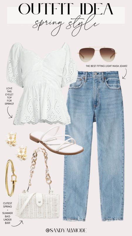 Chic spring style | classic spring outfit idea | white eyelet spring top | neutral spring outfit | elevated casual spring outfit | Walmart finds | Walmart fashion | Walmart white eyelet top | white straw shoulder bag | Target white sandals | dainty flower earrings 

#LTKstyletip #LTKfindsunder100 #LTKSeasonal