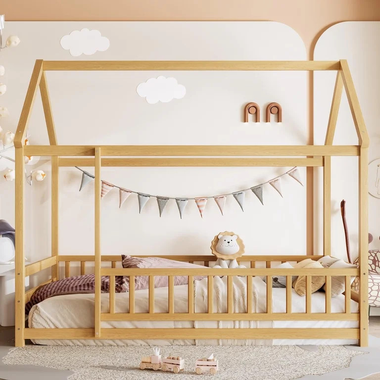 Floor Wooden Bed with House Roof Frame, Twin Size Fence Guardrail Bed for Kids, Natural Pine Wood... | Walmart (US)