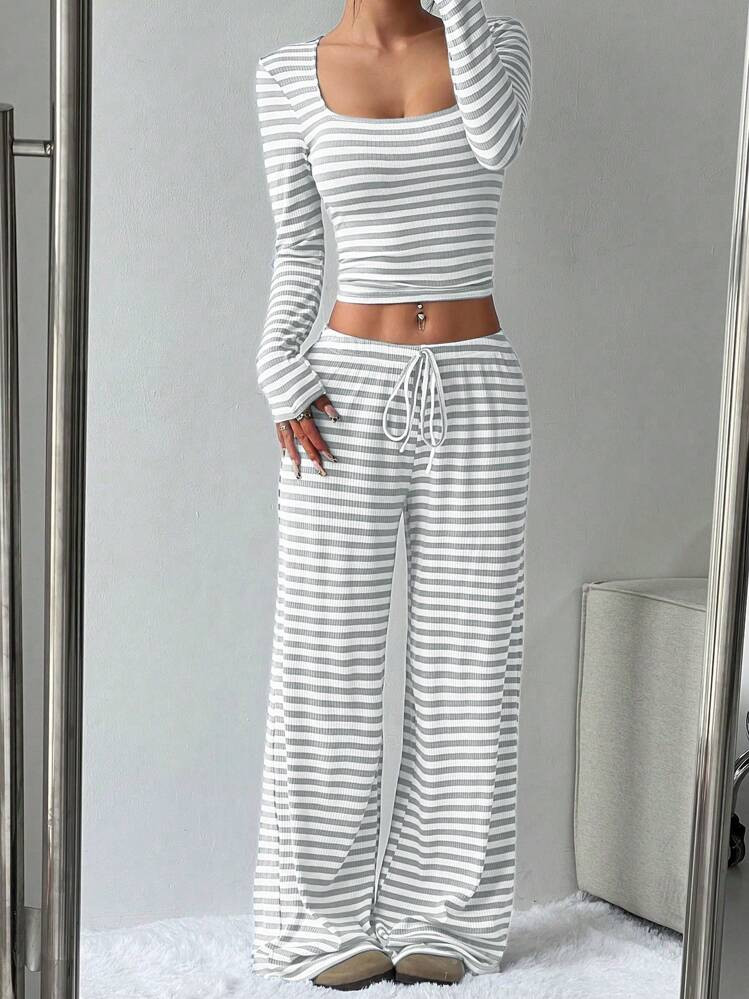 Flirla Women Striped Long Sleeve Top And Front Tie Pants Set Fall Cloth For Women | SHEIN