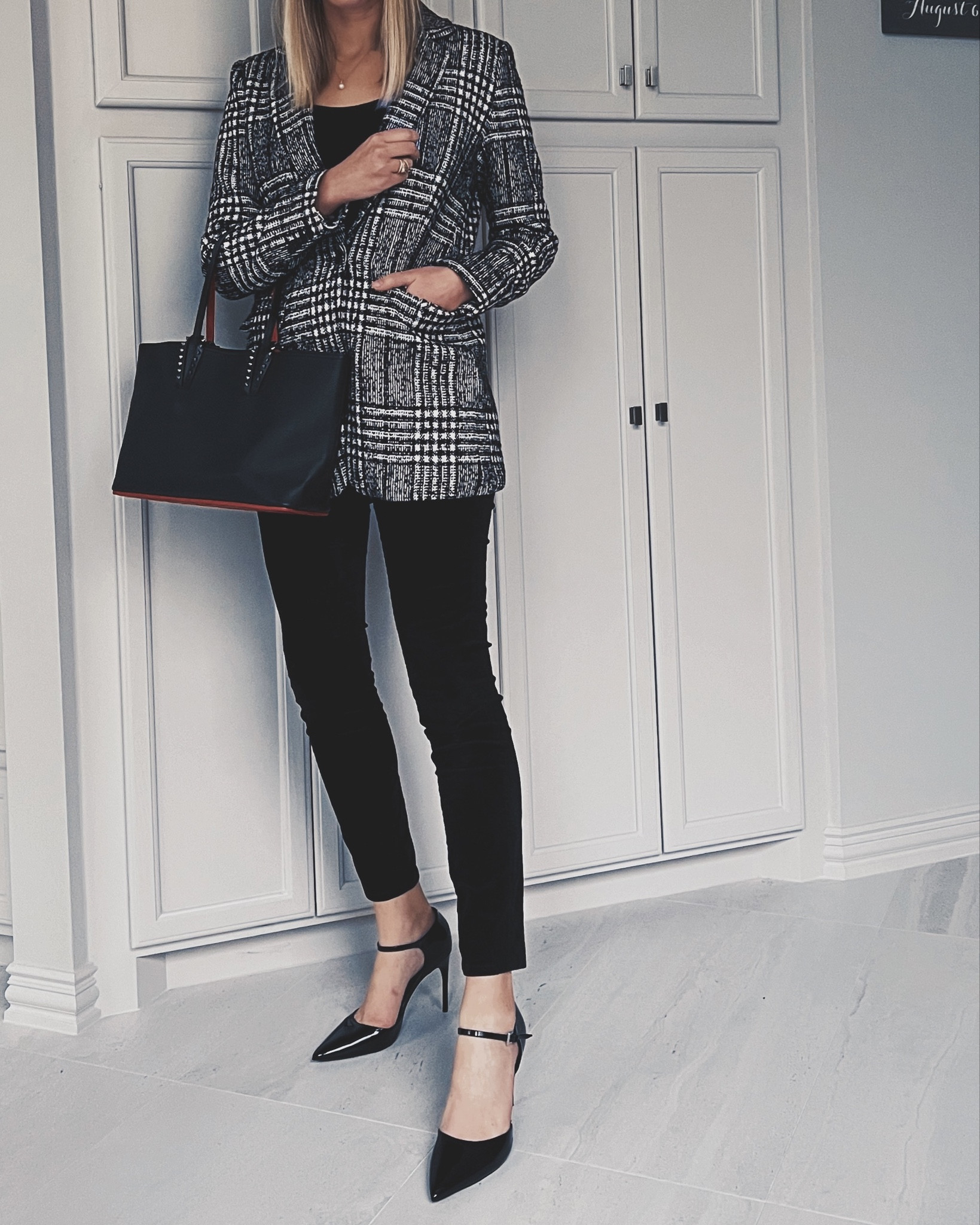 Business casual / professional / black pattern blazer / black work pants TALL / black patent leather pumps / black cabata tote Christian Louiboutin / workwear / corporate 

#LTKshoecrush #LTKitbag #LTKworkwear