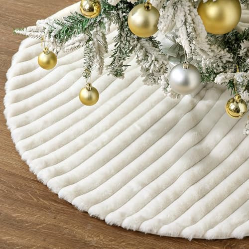 Faux Fur Christmas Tree Skirt: 48 Inch White Plush Fluffy Christmas Tree Skirt with Stripe Textur... | Amazon (US)